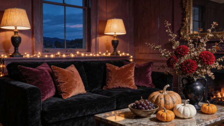 Small living room styled for a haunted holiday: black velvet sofa, heirloom pumpkins on marble, dark dahlias, amber lamplight and fairy lights at dusk.
