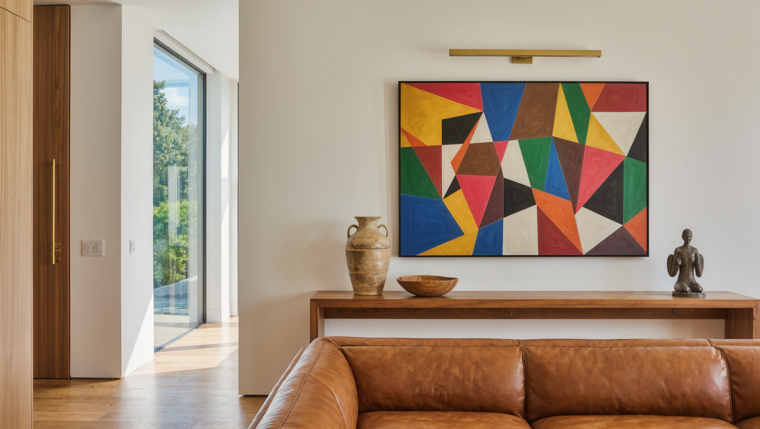 A long oak console under a large abstract artwork holding only a tall vase, a wooden bowl, and a small sculpture, with generous empty space.