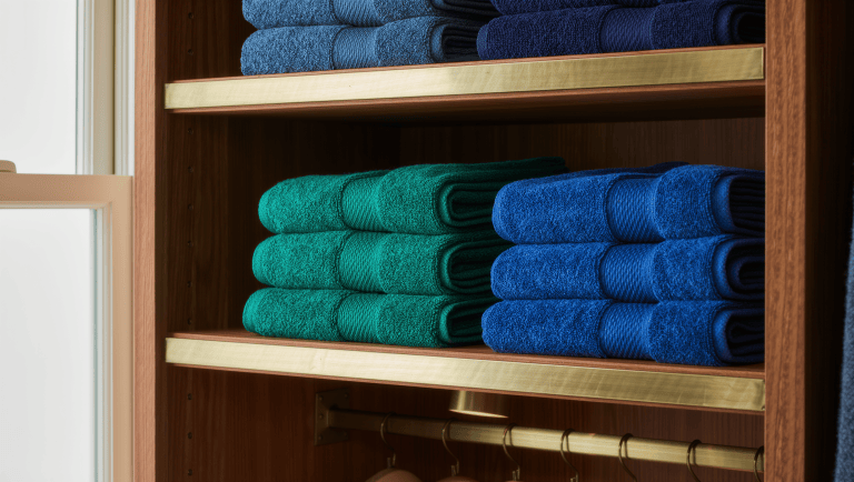 A brass-trimmed linen closet shelf holds neatly folded jewel-toned towels at easy reach, with blankets stored higher up.