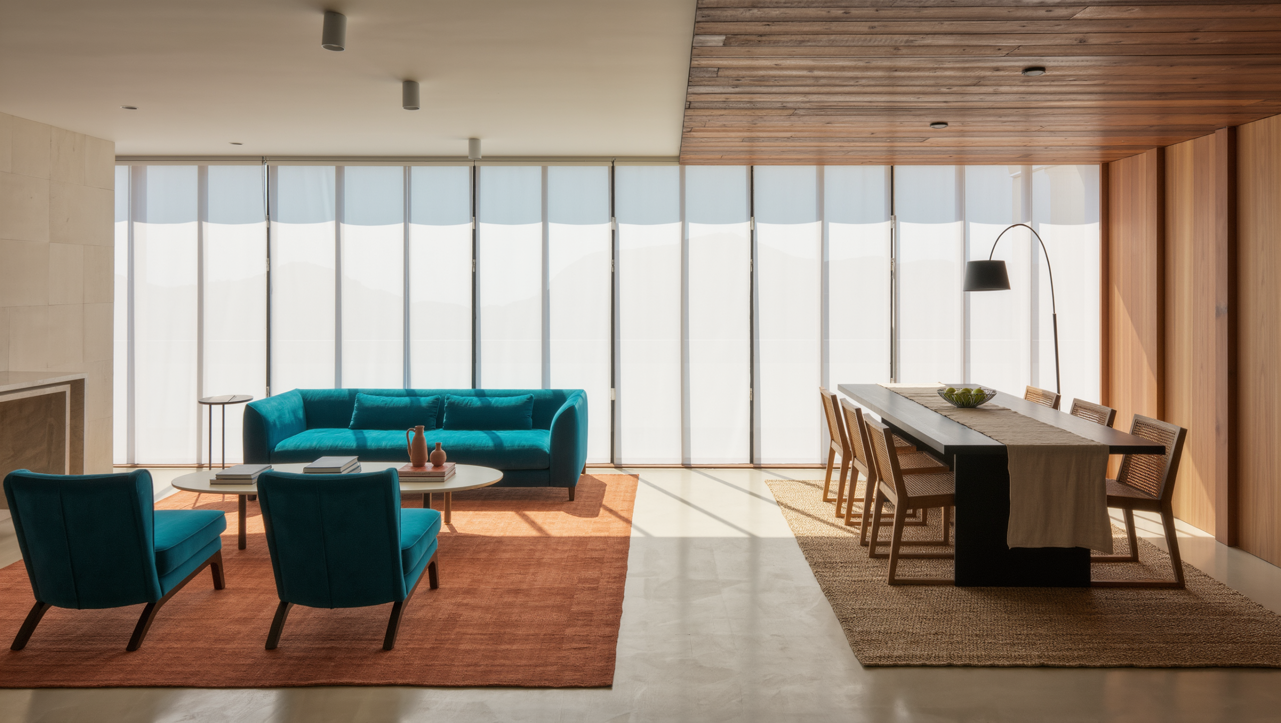An open-plan room with a teal sofa on a terracotta rug, a dining nook on its own rug, and a wide clear lane of pale floor between the zones.