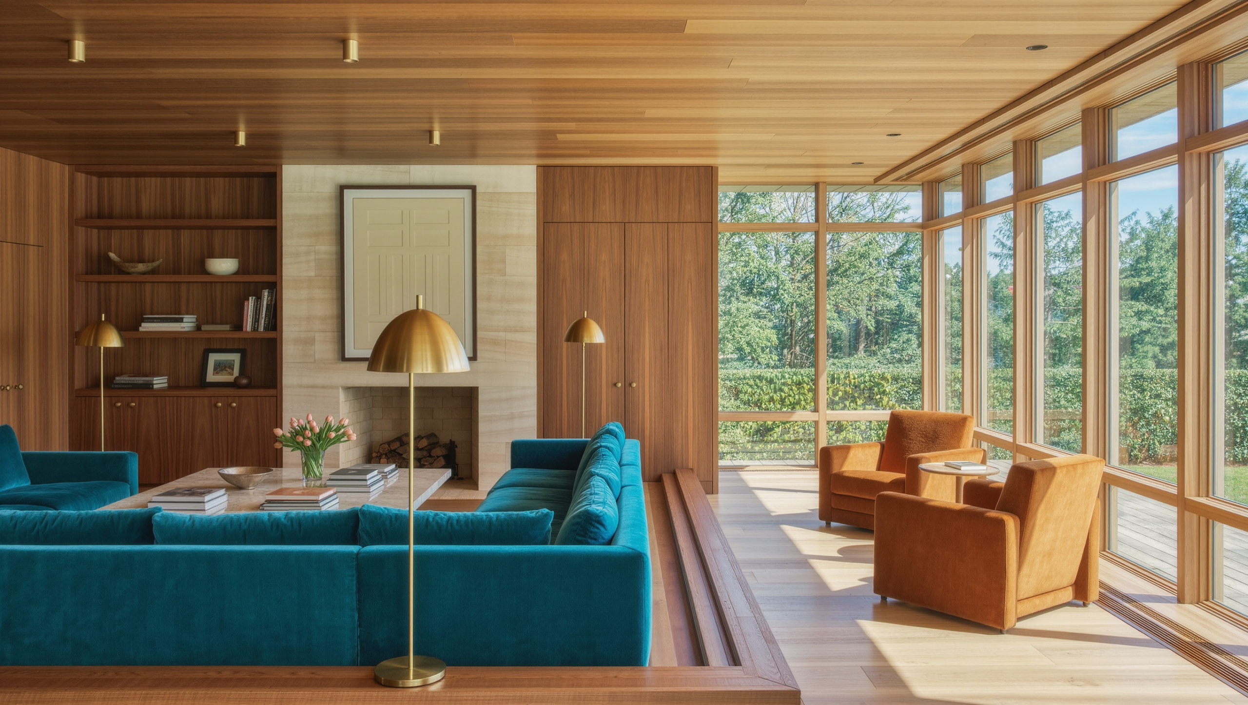 A large great room with a peacock-blue sofa zone and an ochre armchair zone by the window, divided by a low open shelf in wide daylight.