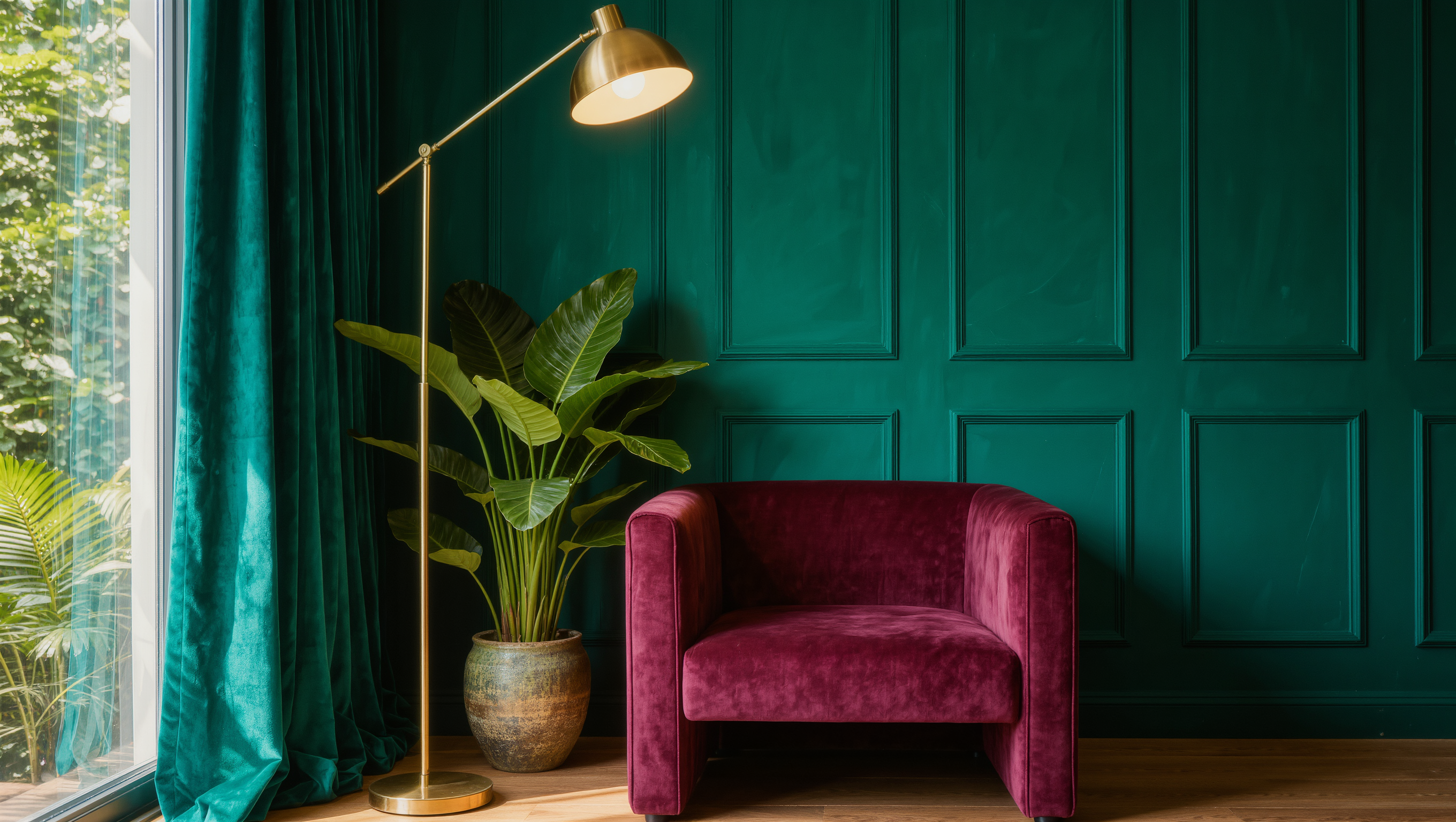 A tall brass floor lamp beside a floor-to-ceiling curtain and a large leafy plant.