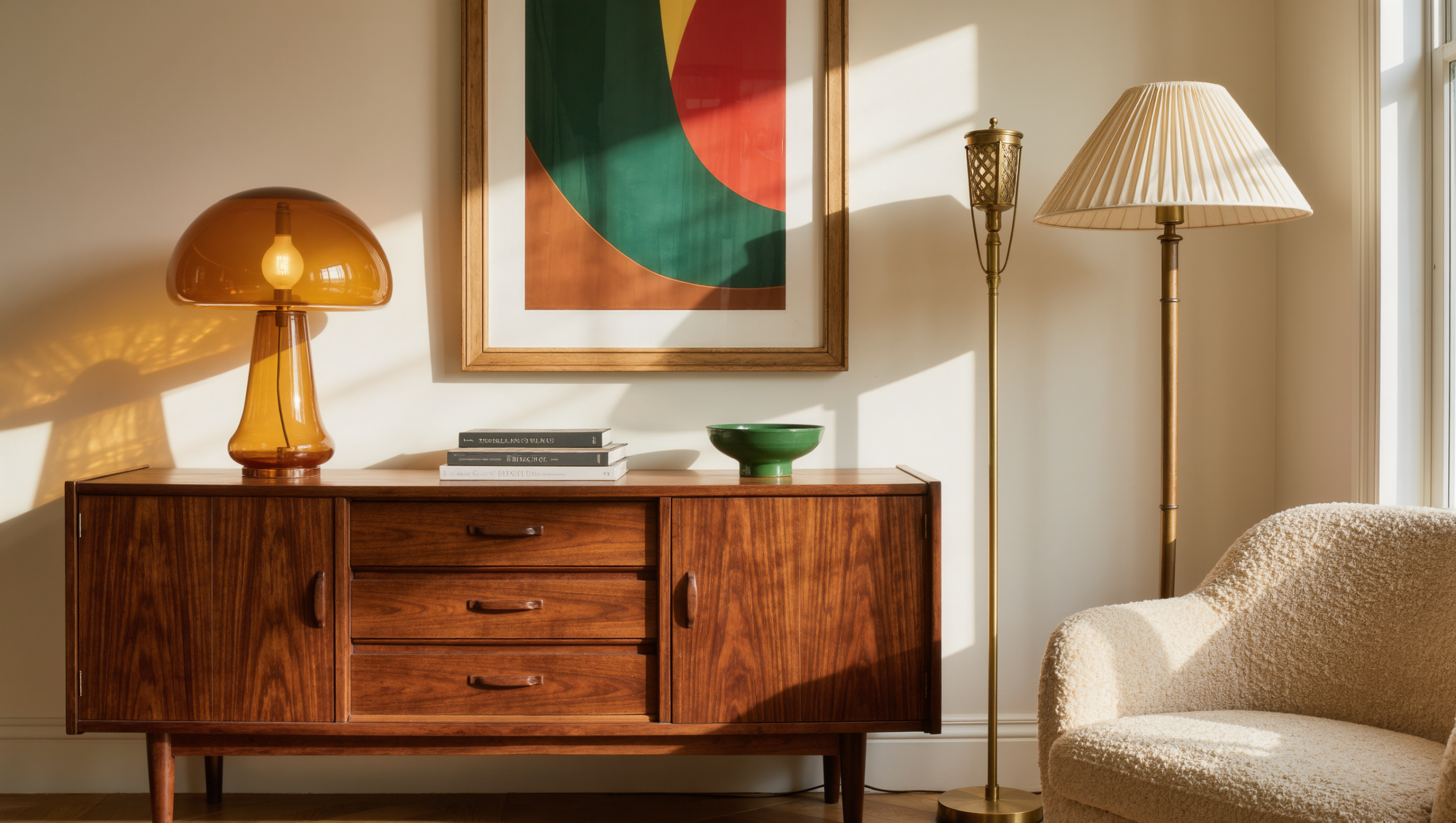 A rental living room lit by afternoon daylight and three vintage lamps, including an ochre glass mushroom lamp on a walnut sideboard.