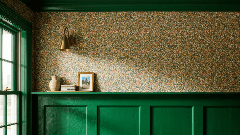 Botanical wallpaper framed below by deep green painted wainscoting and a matching ceiling line