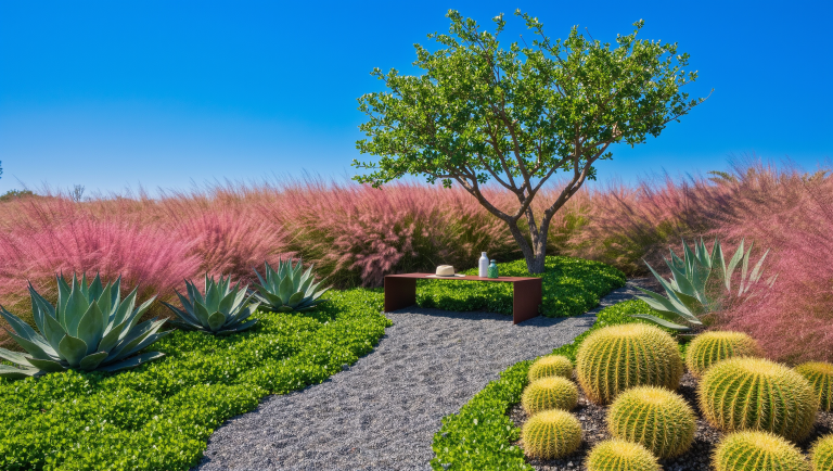 A xeriscape with sculptural agaves, pink muhly grass, thyme groundcover between granite paths, and a mesquite tree shading a corten bench.