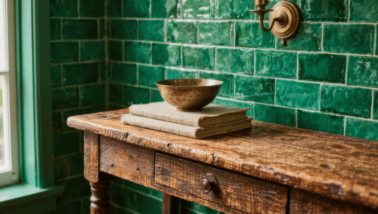 A weathered antique oak console against hand-glazed emerald tile with visible patina