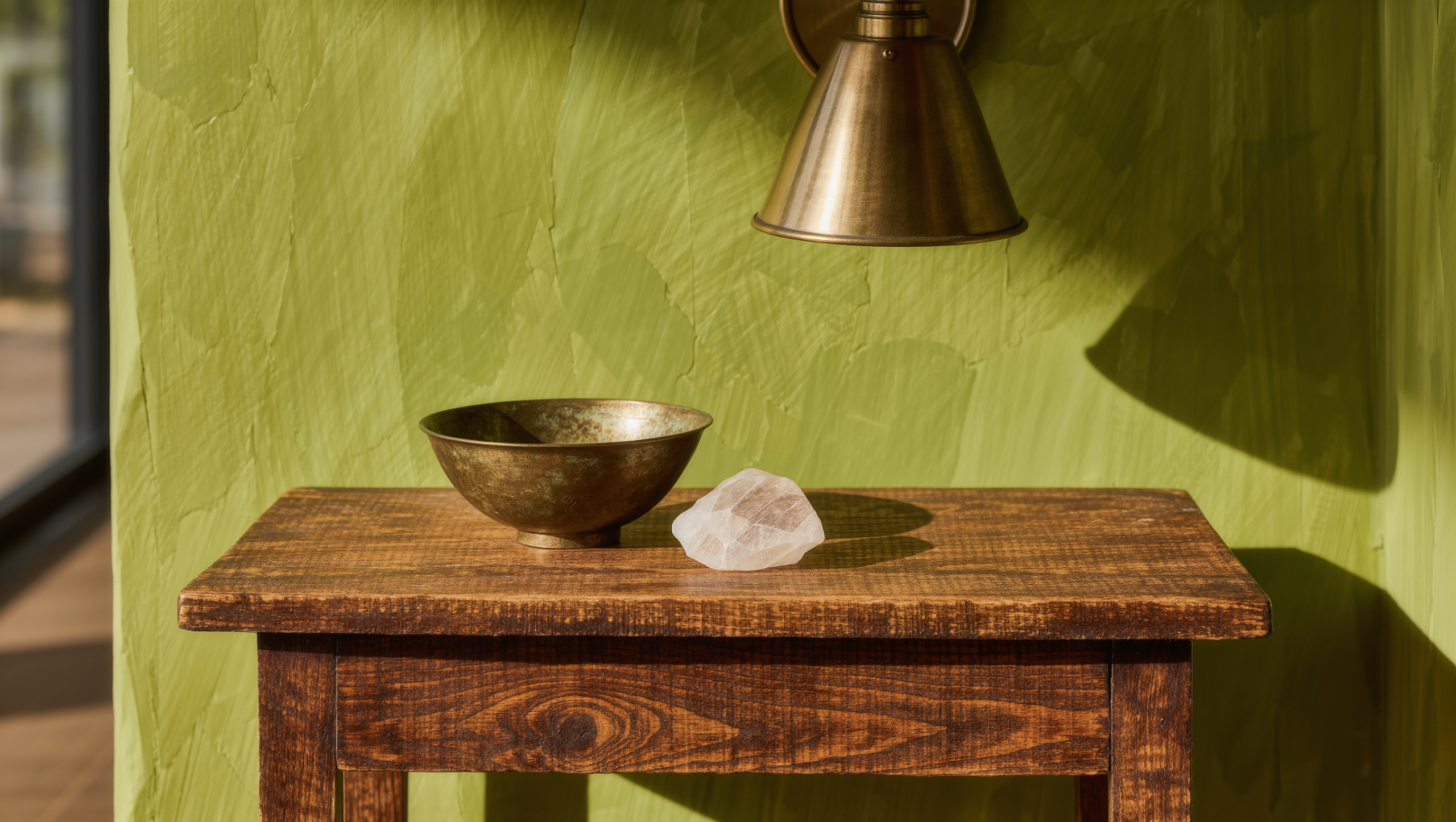 A weathered walnut side table with visible grain against a textured plaster wall