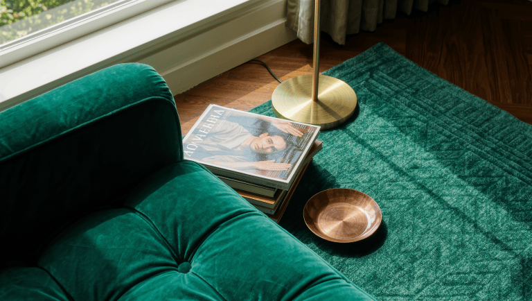 A magazine, a bronze dish, and a stack of books resting on an emerald rug and sofa arm in place of a missing coffee table.