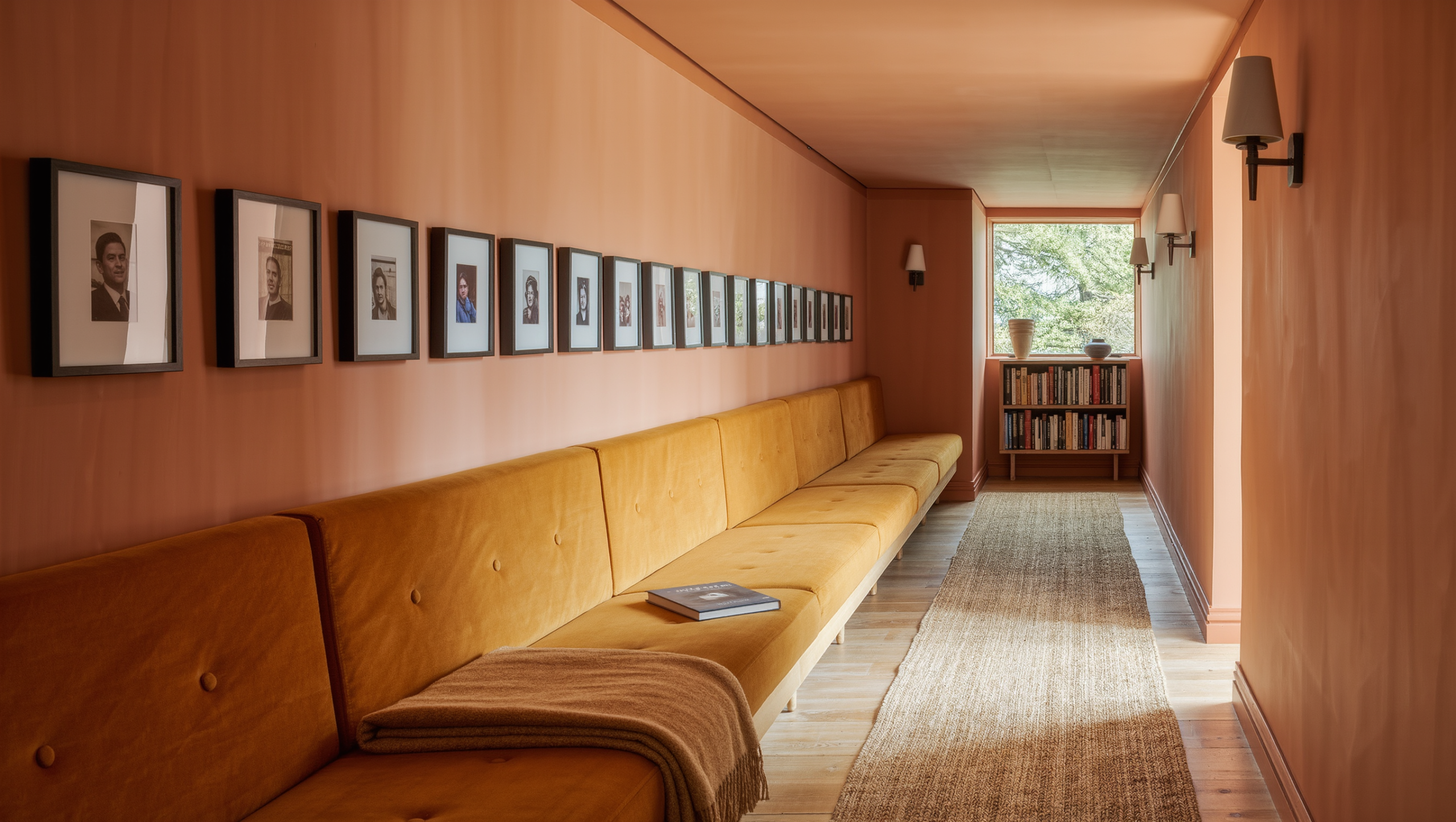 A wide hallway with a clear walking lane, an ochre bench, framed photography, and a slim bookcase at its end.