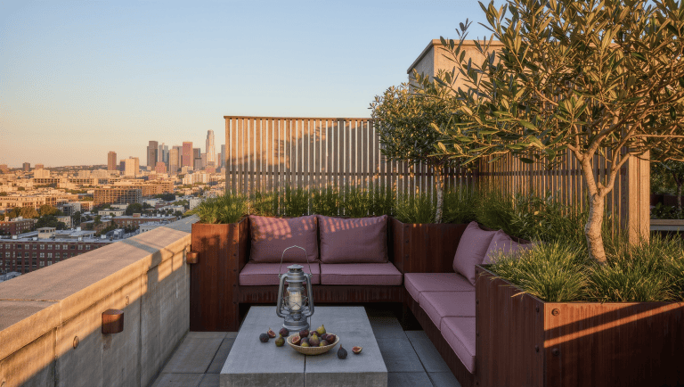 A rooftop terrace with heavy corten planters of grasses and olive trees along the parapet, a built-in bench with plum cushions, and a city skyline.