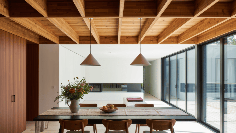 A large open room where a lowered oak ceiling plane and beams define the dining zone without any wall below.