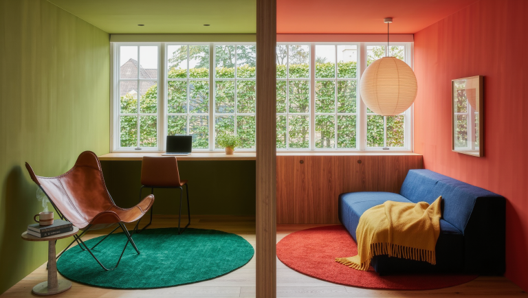 An open-plan room with a reading pocket on an emerald rug, a desk perch by the window, and a navy sofa lounge zone.