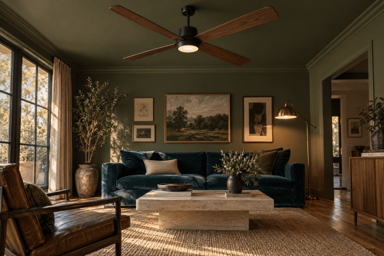 A large ceiling fan with broad walnut blades and an integrated downlight hangs from a deep olive ceiling as the main overhead object, above a teal velvet sofa and warm oak floor