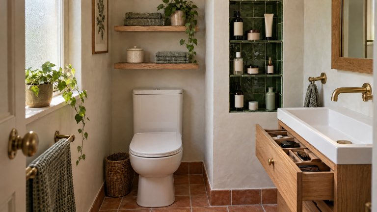 A small bathroom with a shallow green-tiled niche holding bottles in a single row, two oak shelves above the toilet cistern, and a wall-hung oak vanity with its top drawer open to show a divided tray.