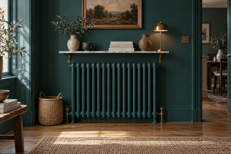 A cast-iron column radiator painted the same deep teal as the wall behind it, with a slim marble shelf above holding a lamp and vase, so the radiator reads as furniture rather than an appliance