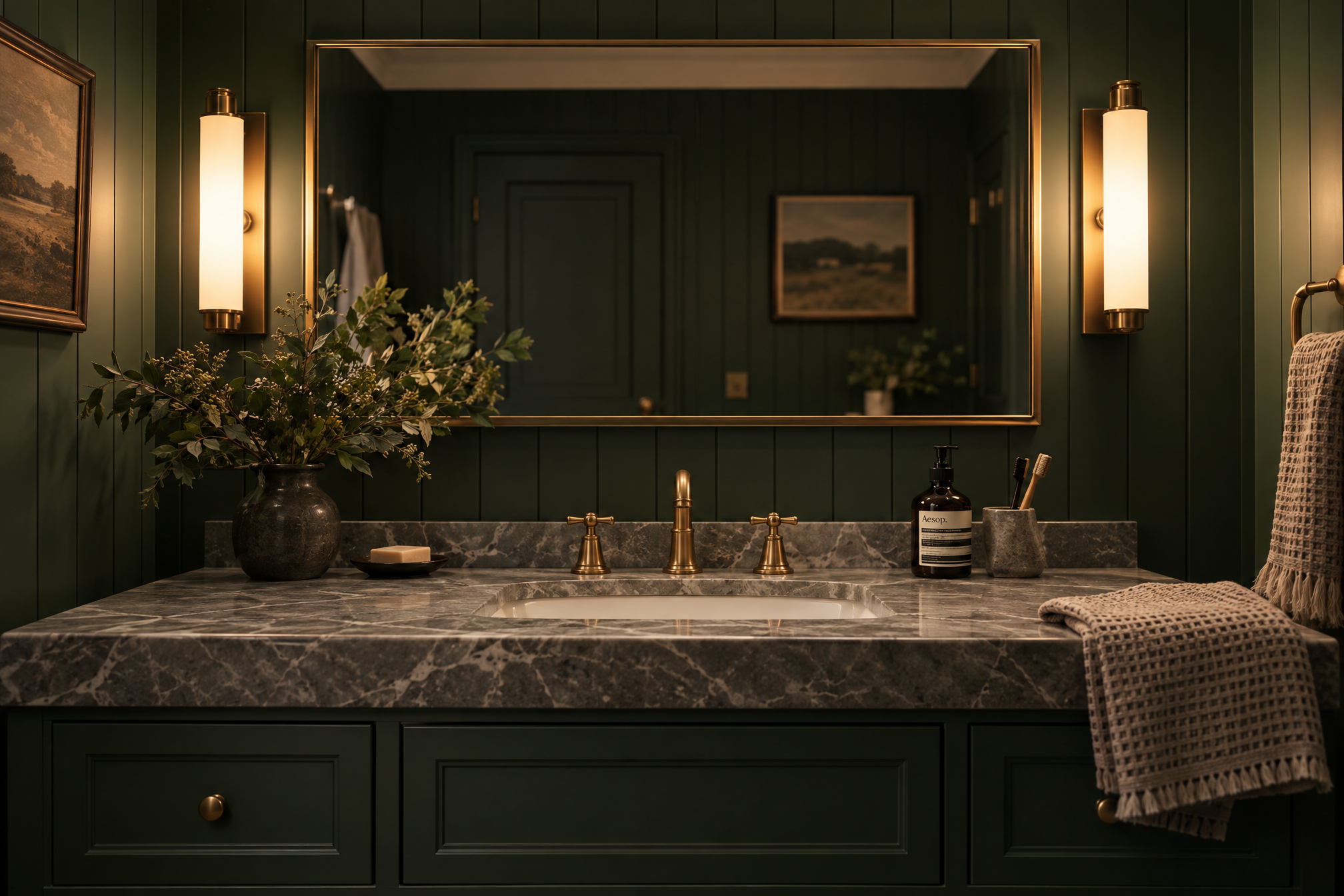 A dark green panelled bathroom where the mirror is lit by two brass sconces mounted at face height on either side, over a grey-veined marble vanity with a brass tap