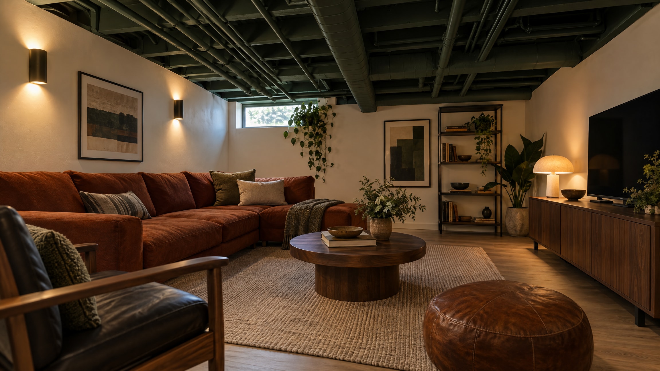A low basement den where the exposed joists, ducts and pipes are all painted one dark charcoal-green instead of hidden behind a ceiling, lit by wall-washing sconces, with a low rust sofa and a thin oak floor.