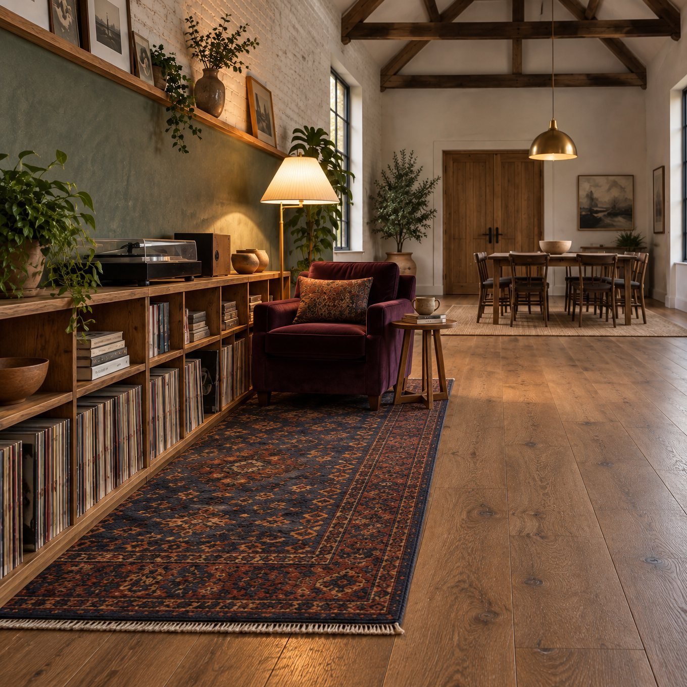 The rug edge from the lane: chair and side table on the rug, bare boards carrying the route past, and the band, ledge and shade holding one line above. The lamp cord is out of sight, so this frame cannot prove its route.