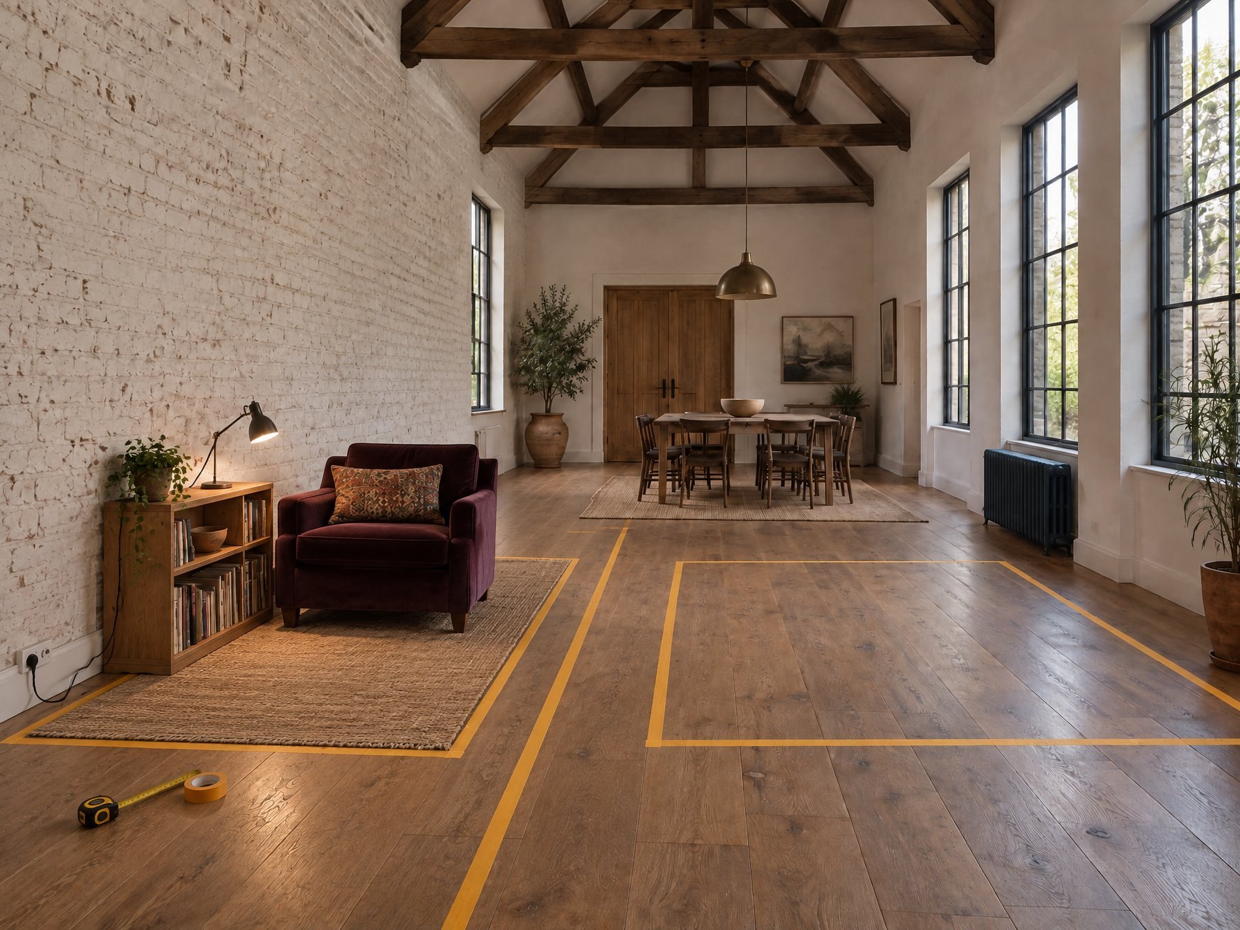 The test in borrowed things: amber tape for the zone, the lane and the center's use area; a plain rug, the armchair and a short bookcase with a desk lamp inside the zone tape; no band, no ledge, nothing fixed to the wall.