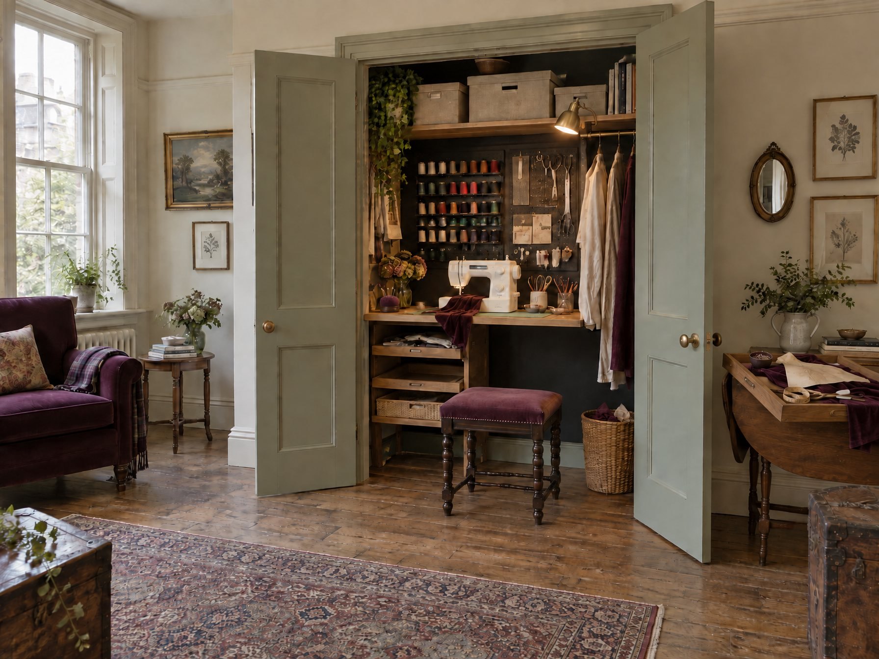 A tray out in use: plum velvet and pattern pieces on the drop-leaf table beside the closet, the machine still set up at the opening, the empty runner waiting for the tray to come back.