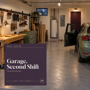 Garage, Second Shift title card over a concept visual of the room.