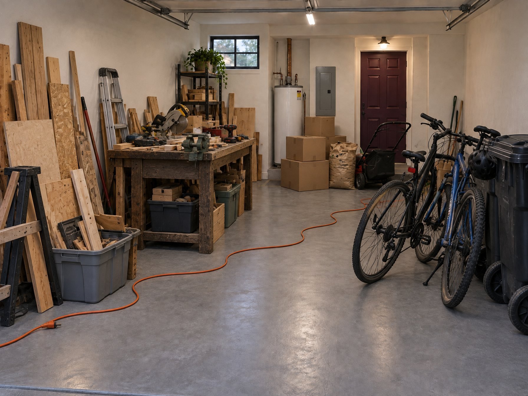 The takeover: a bench of tools against the wall, boxes and compost below the electrical panel, a mower at the house door, bikes by the trash cans, a cord across the floor — and no car.