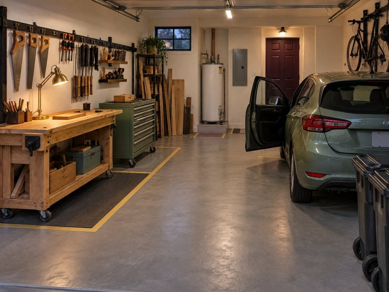 The same garage, reordered: the car in with its driver door wide open, an oak bench and sage cabinet inside a taped bay under a wall track of hand tools, and taped rectangles in front of the water heater and house door.