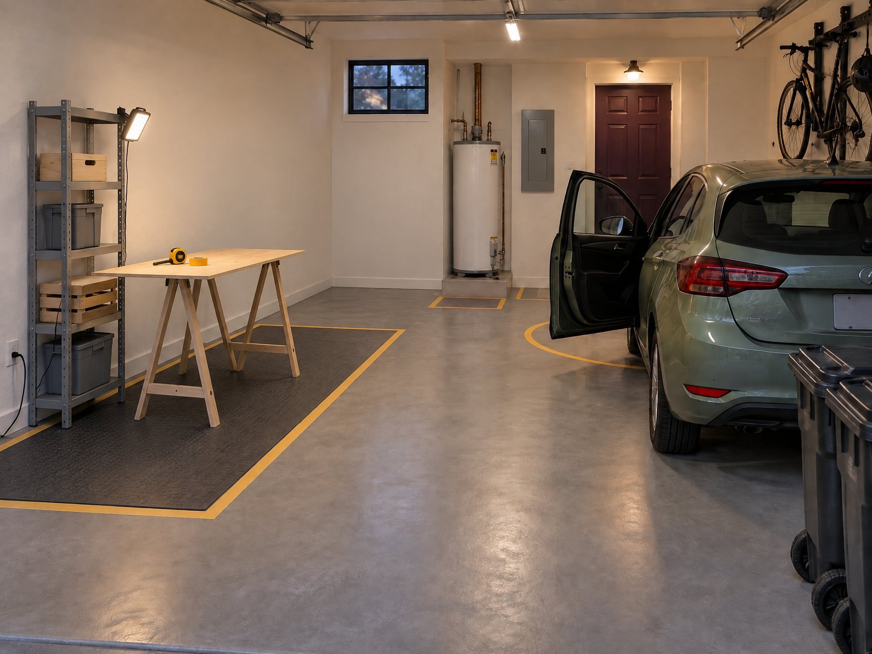 Tape, a trestle table, a freestanding shelf, a mat and a plug-in light, with nothing on the wall. The tall shelf is shown unsecured; secure yours as its maker instructs.