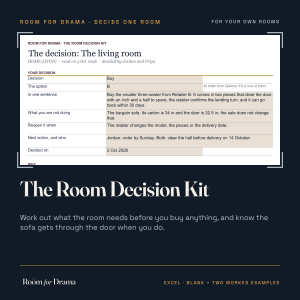 Cover of The Room Decision Kit from Room for Drama, framing a real printed Decision page
