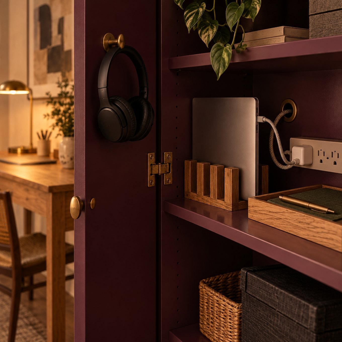 The kit's nearby home: headset on the door, laptop in a rack, charger through a grommet, notebook in a tray. Follow manufacturers' power and ventilation requirements before closing doors on anything that charges.