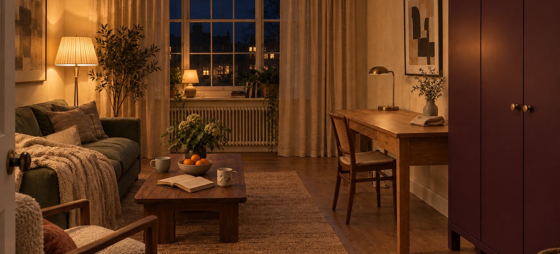 Same room, evening state: cabinet closed, desk cleared to the lamp, task light off. The room changes state, not shell. This is a concept render, not a surveyed plan; your dimensions, openings, services and clearances must be verified in your own room.