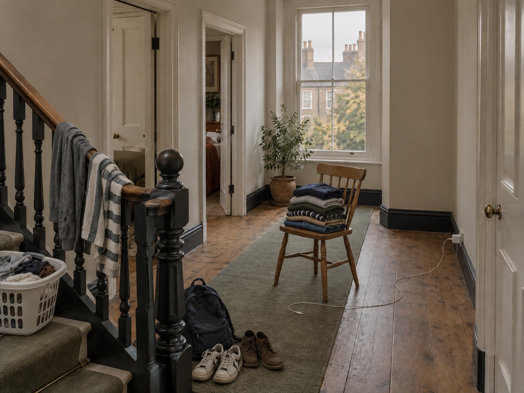 Transit with nowhere to wait: a laundry basket on a stair tread, a backpack and shoes at the newel, clothes over the handrail, a chair of folded clothes on the runner and a cable across the boards. The far wall, where a job could go, is empty.