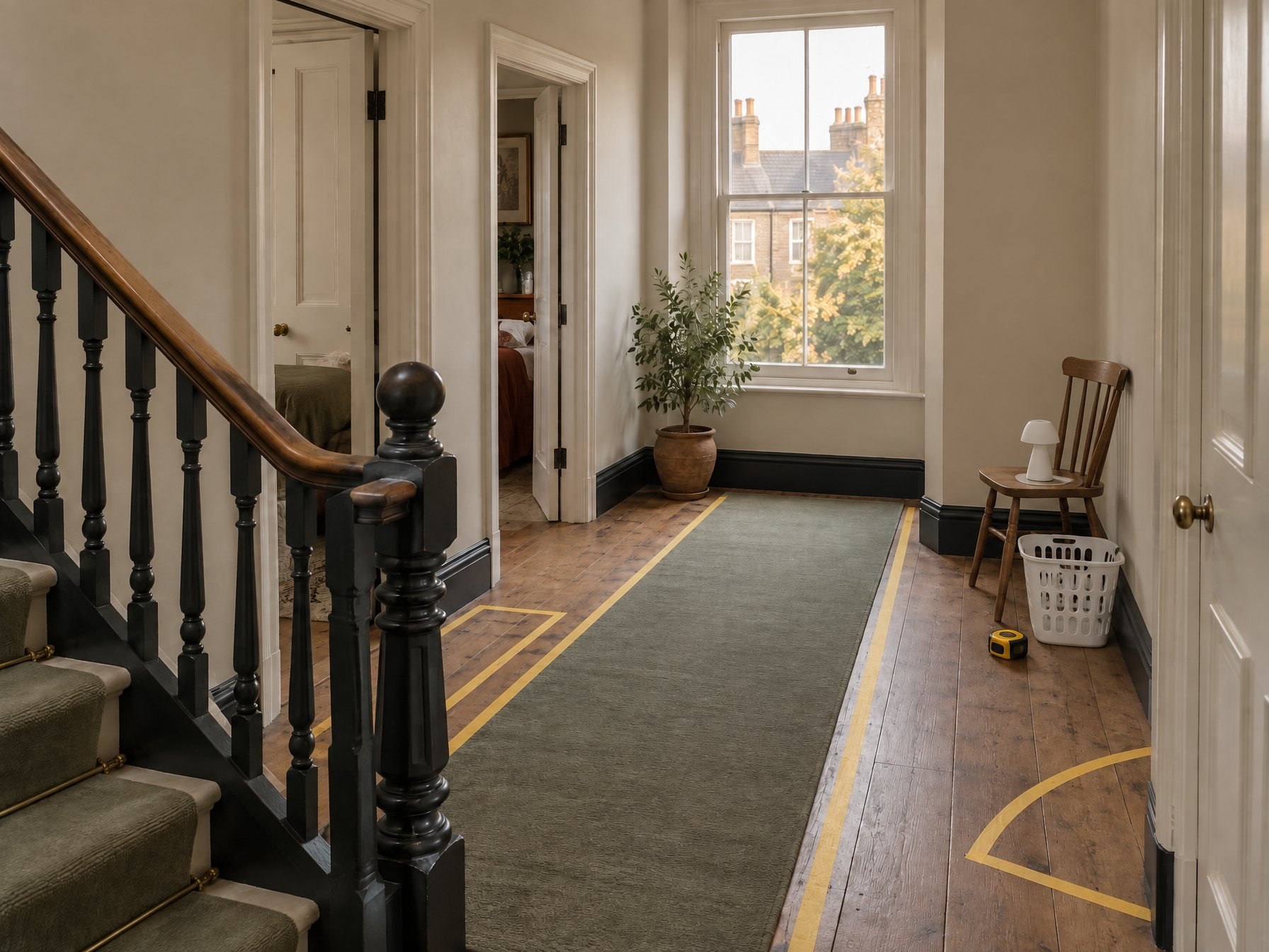 The test in borrowed things: tape beside the newel, along the lane and around a door swing; a kitchen chair, a rechargeable lamp and a plastic basket where the bench will go. The chair sits only just past the taped arc — the kind of margin your basket pass should test.