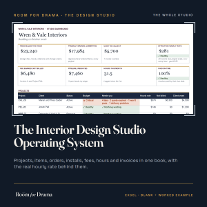 Cover of The Interior Design Studio Operating System, Room for Drama's Design Studio workbook, framing a real page of the worked example
