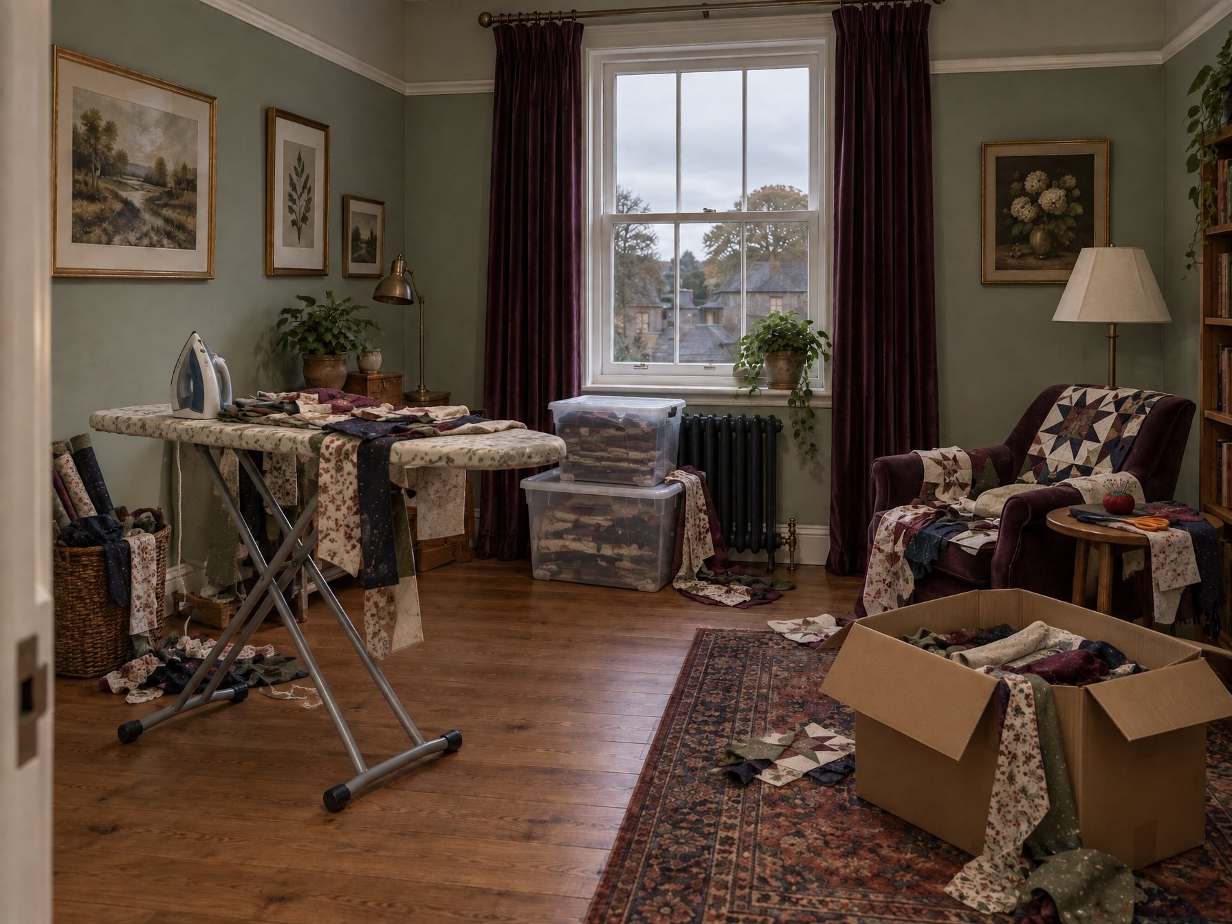 The project with no place: blocks over the armchair, pins and scissors on its table, an ironing board mid-room, boxes against the radiator and a half-packed carton on the rug.