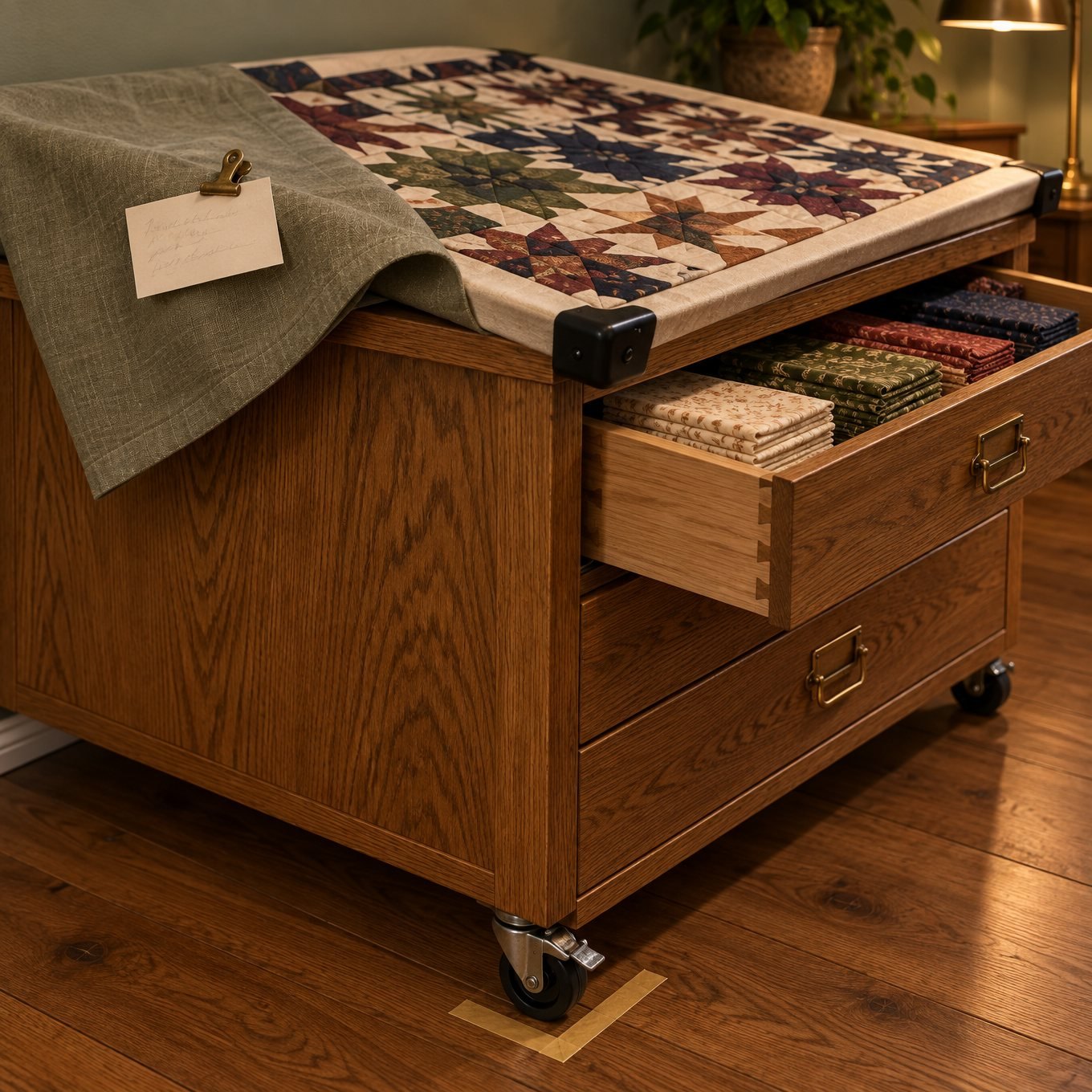 Cover lifted at one corner on a layout still in order, a card clipped to the linen, a drawer of stacked pieces and a locked castor in its tape corner. The card is unreadable on purpose; yours is the part that matters.