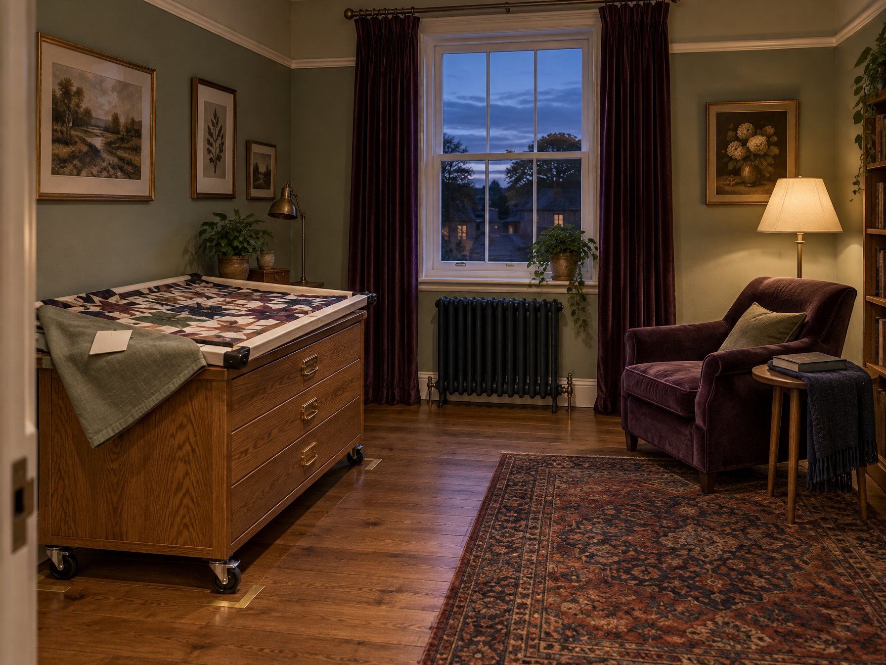 Held, with the house ready: the oak cabinet parked on its corner marks against the wall, cover folded back from one corner with a card on top, project unlit — and the armchair lit across clear floor.