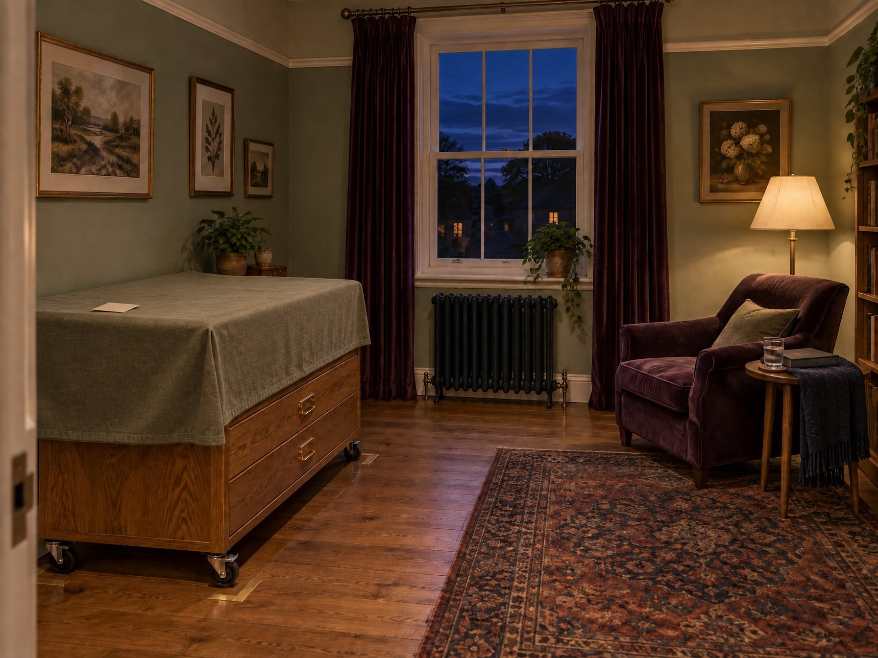 After the reset: the cabinet on its marks under the sage cover, card on top, and the armchair lamp on over water, a book and a throw. This cover hangs over the top drawer — size yours to stop at the edge of the surface.