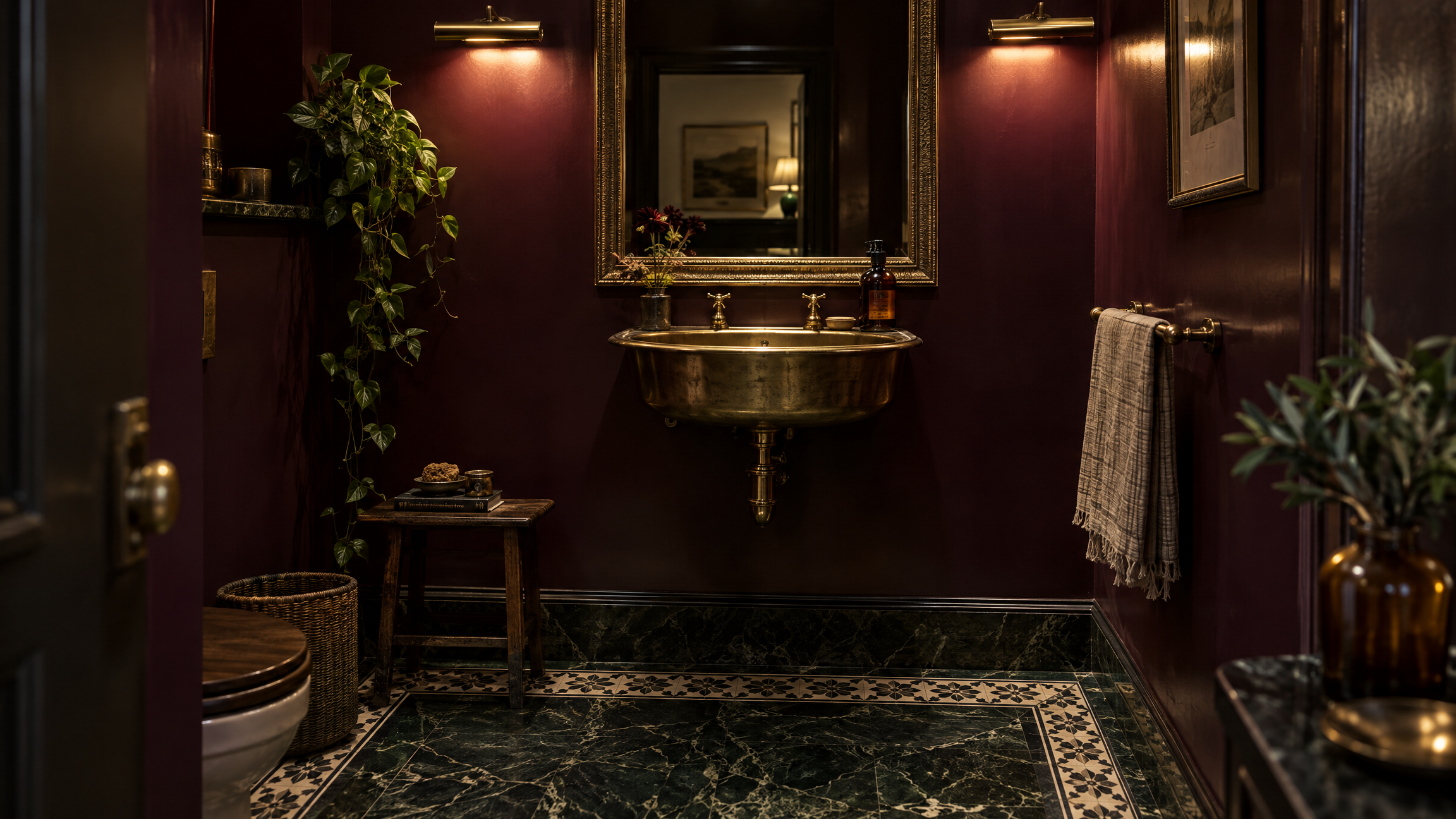 A small windowless bathroom in deep blackberry lacquer, with a hammered brass basin, a gilt-framed mirror lit by two brass picture lights, dark green marble floor with a patterned tile border, and a trailing plant beside the door.