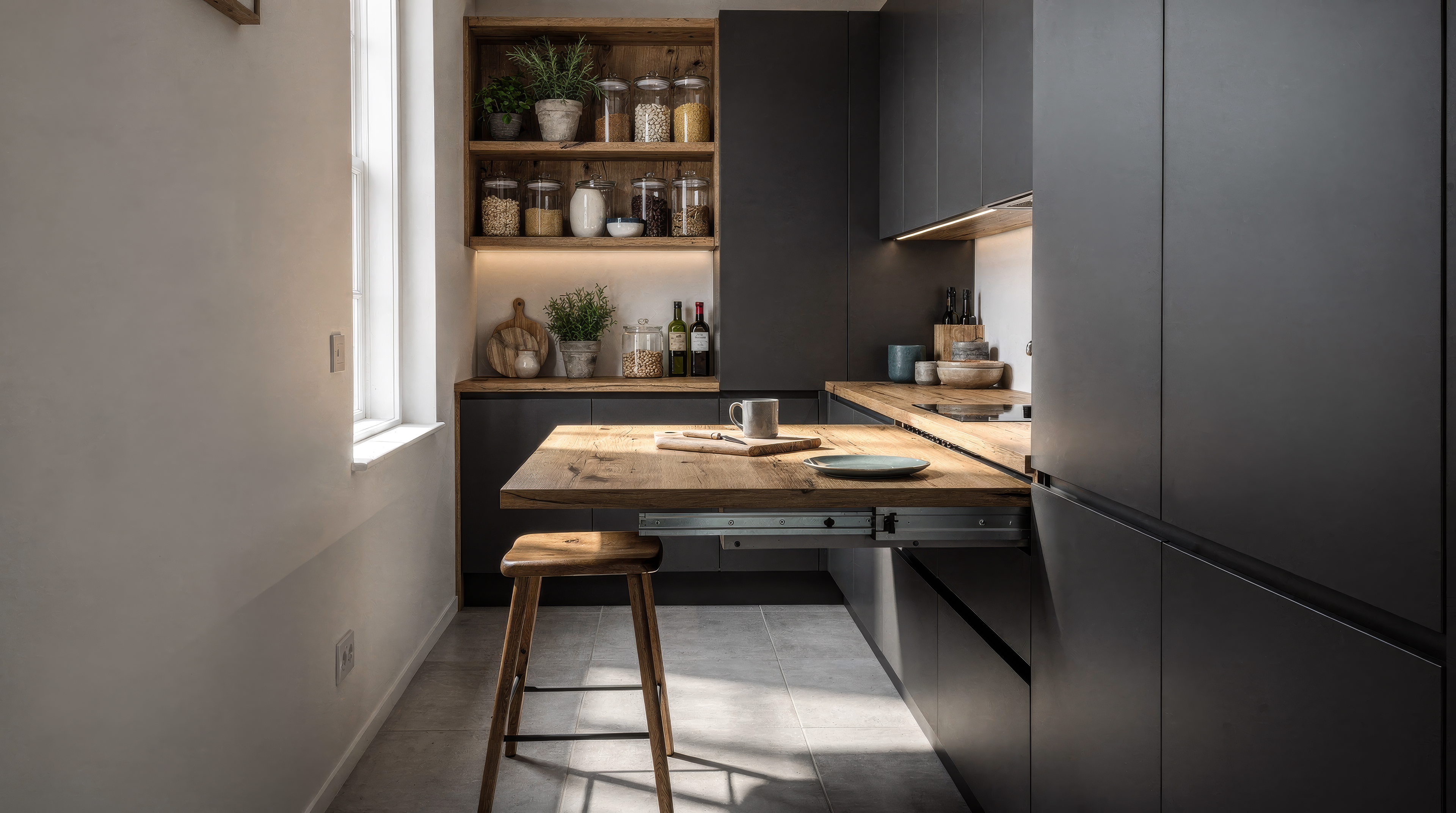A compact charcoal kitchen with oak worktops and open pantry shelving, where a timber dining and prep surface pulls directly out from the cabinetry into the circulation zone.