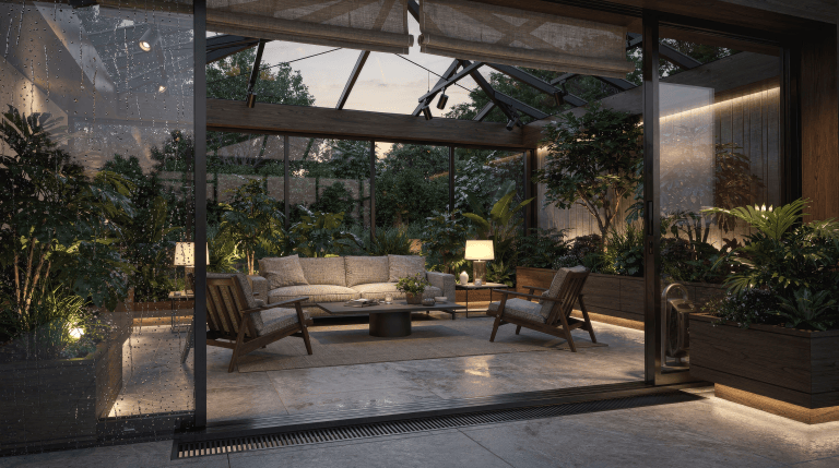 A glass-wrapped conservatory living room with furniture held away from the hottest glazing, disciplined planting used for shade and structure, a ceiling glare shade, ventilation, durable surfaces and clear circulation as daylight shifts toward evening.