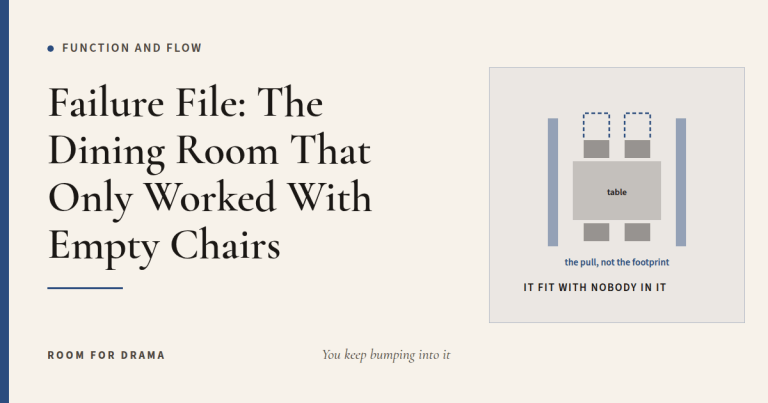 Room for Drama card: a dining table in plan with the chair pull arcs running into the walls on both sides.