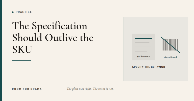 Room for Drama card: a written performance specification beside a crossed-out barcode.