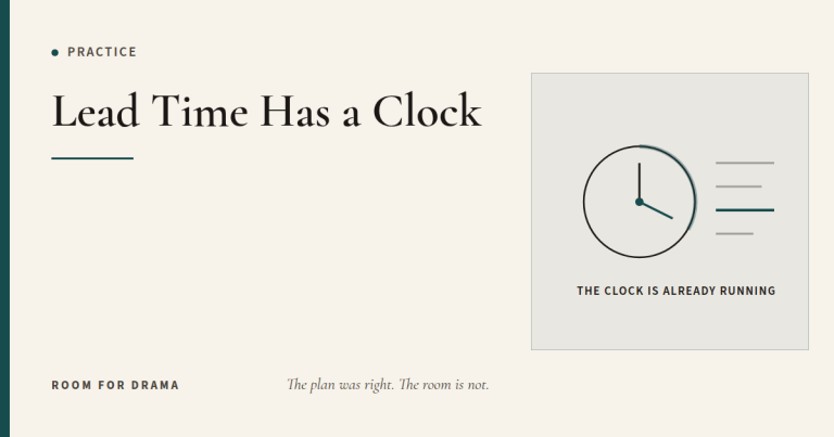 Room for Drama card: a clock with a quarter already elapsed beside a list of outstanding items.