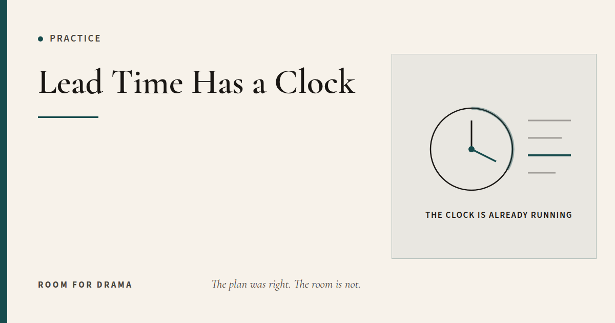 Room for Drama card: a clock with a quarter already elapsed beside a list of outstanding items.