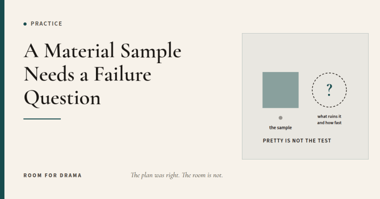 Room for Drama card: a material sample beside a circled question asking what ruins it and how fast.