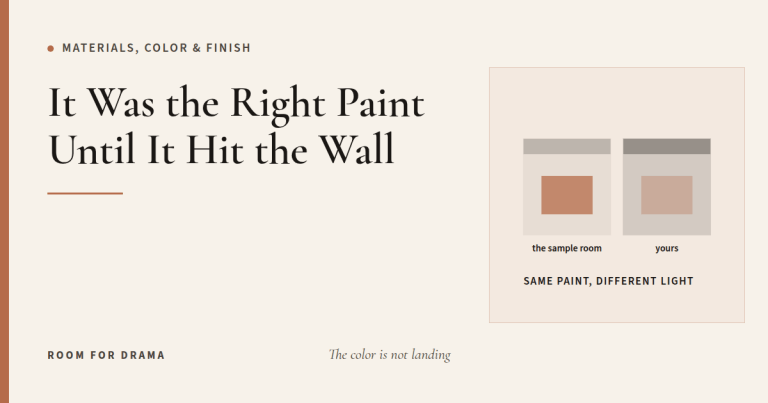Room for Drama card: the same paint color shown in the bright room it was chosen in and in the darker room it ended up in.