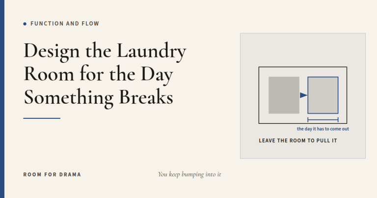 Room for Drama card: a laundry machine with the clear floor it needs to be pulled out for service.